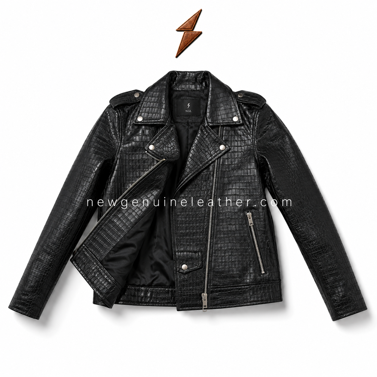 Premium Crocodile Embossed Biker Jacket Crocodile embossed biker jacket on white background with NGL leather logo at top and newgenuineleather.com watermark across center