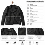 Front view of black quilted biker jacket with classic lapel collar, metal snap buttons