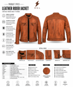 Rider leather jacket in cognac brown with quilted shoulders, stand collar, chest zipper pockets, hand zipper pockets, and NGL