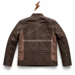 OEM two tone leather biker jacket with custom panel stitching, stand collar, front zipper, side pockets, and leather-textured NGL logo