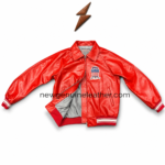 Private label motorsport leather jacket open-front view with grey lining, full zipper, red leather-look exterior, and striped hem