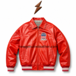 Private label motorsport leather jacket back view with large AVIREX USA appliqué, red glossy leather, and striped rib hem
