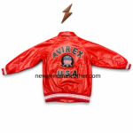 Private label motorsport leather jacket product specs layout with collar, chest patch, zipper, pockets, lining, and red texture details
