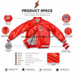 Private label motorsport leather jacket colour range with red, black, tan, navy, white, and burgundy glossy leather options