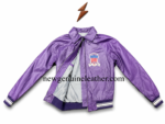 Purple leather bomber jacket with classic collar, front zipper, chest patch, ribbed cuffs, and NGL logo on white
