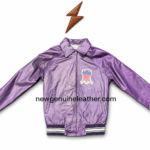Purple leather bomber jacket showing open front panel, light inner lining, side pockets, and striped ribbed hem