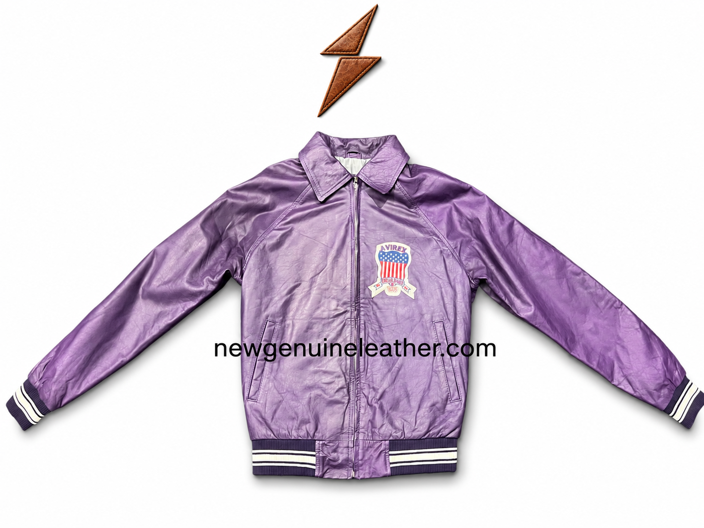 Purple Leather Bomber Jacket Front View Purple leather bomber jacket showing open front panel, light inner lining, side pockets, and striped ribbed hem
