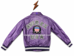 Purple leather bomber jacket back view with large varsity-style patch artwork, USA lettering, and striped ribbed waistband