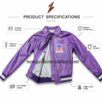 Purple leather bomber jacket detail image with glossy leather texture, classic collar, chest patch, and stitched sleeve panels