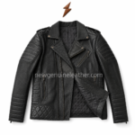 Premium quilted biker jacket with black textured leather surface, secure zipper pockets