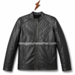 Wholesale black sherpa lined leather jacket for OEM buyers with premium stitching, black leather texture, and branded product presentation.