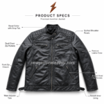 Four-colour quilted leather racing jacket display with black, brown, tan, and burgundy options on a clean