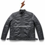 OEM quilted leather racing jacket with custom panel stitching, open front zipper, quilted lining, shoulder detail