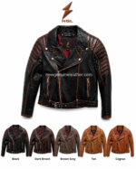 Quilted shoulder biker jacket wholesale catalog image with leather texture and color variation display
