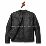 Tan quilted shoulder leather jacket with band collar, zipper front, side hand pockets, and clean wholesale outerwear styling