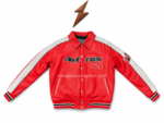 Red racing leather jacket with white sleeve stripes, snap buttons, front patch graphics, and NGL