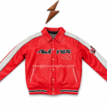 Red racing leather jacket with white sleeve stripes, snap buttons, front patch graphics, and NGL