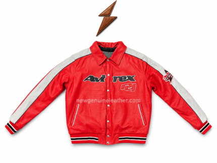 Red racing leather jacket with white sleeve stripes, snap buttons, front patch graphics, and NGL