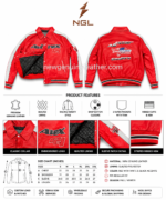 Racing leather jacket showing open front panel, black quilted lining, snap button placket, and striped ribbed hem