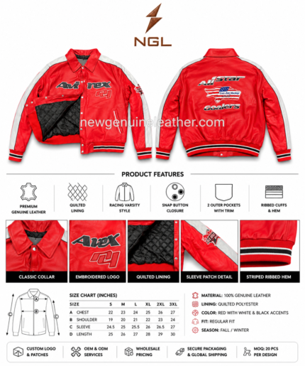 Racing leather jacket showing open front panel, black quilted lining, snap button placket, and striped ribbed hem