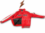 Red racing leather jacket with white shoulder stripe, black piping, sleeve patch detail, and classic red collar
