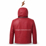 Red hooded leather jacket with asymmetrical zipper and quilted shoulder panels on white background