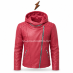 Red hooded leather jacket front product photo with metal zipper pockets and smooth leather texture