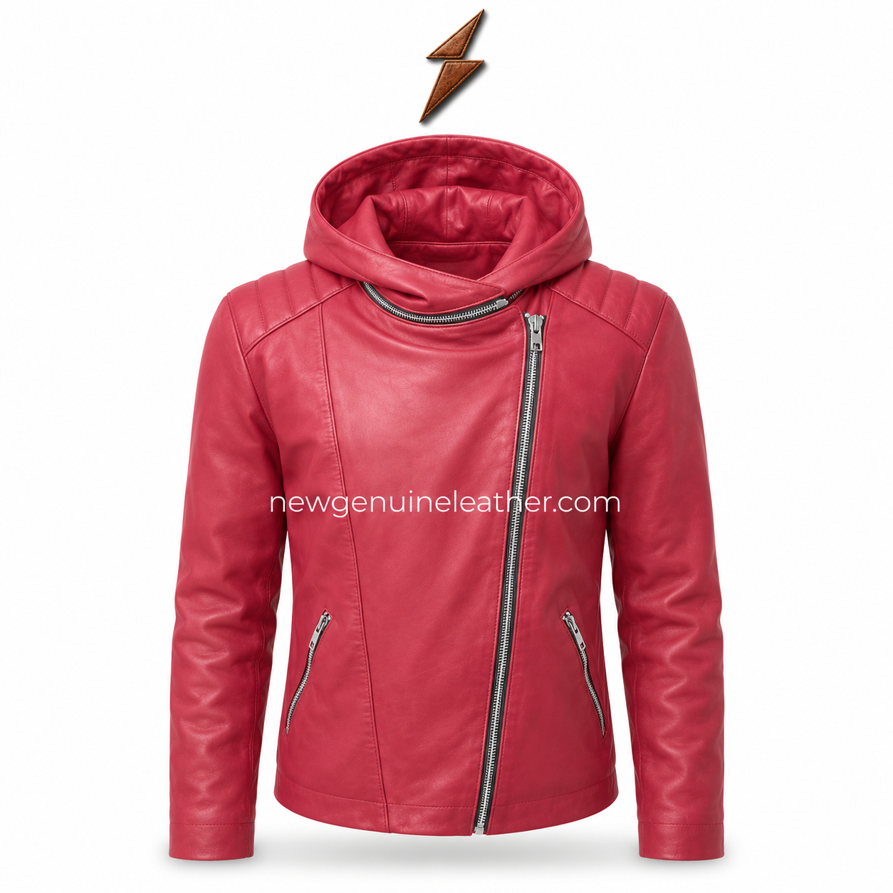 Red Hooded Leather Jacket Product Specs Red hooded leather jacket front product photo with metal zipper pockets and smooth leather texture