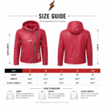 Red hooded leather jacket size guide with chest length and sleeve measurements