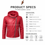 Red hooded leather jacket product specs with attached hood metal zipper and quilted shoulders