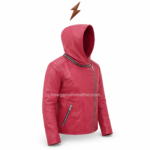 Red hooded leather jacket side design showing hood profile shoulder quilting and zipper detail