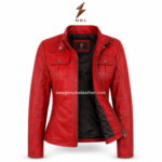 Red leather biker jacket back view with fitted panel seams, waist adjusters and bright red leather finish