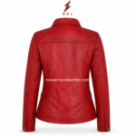 Red leather biker jacket catalog image with two chest flap pockets, two side zipper pockets and front zip closure