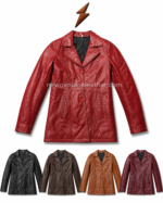 Red leather coat wholesale design with matching red buttons, side hand pockets, and textured leather surface