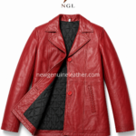 Red leather coat wholesale front and back view with NGL logo placement and care instruction layout