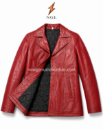 Red leather coat wholesale front and back view with NGL logo placement and care instruction layout