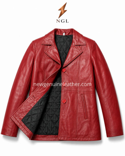 Red leather coat wholesale front and back view with NGL logo placement and care instruction layout