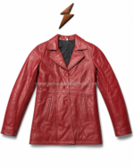 Red leather coat wholesale product specs image with notched lapel collar, black quilted lining, and button closure