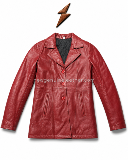 Red leather coat wholesale product specs image with notched lapel collar, black quilted lining, and button closure