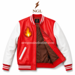 Front view of flame patch varsity leather jacket with red leather body, white sleeves, slanted pocket trims, zipper closure, and inner NGL