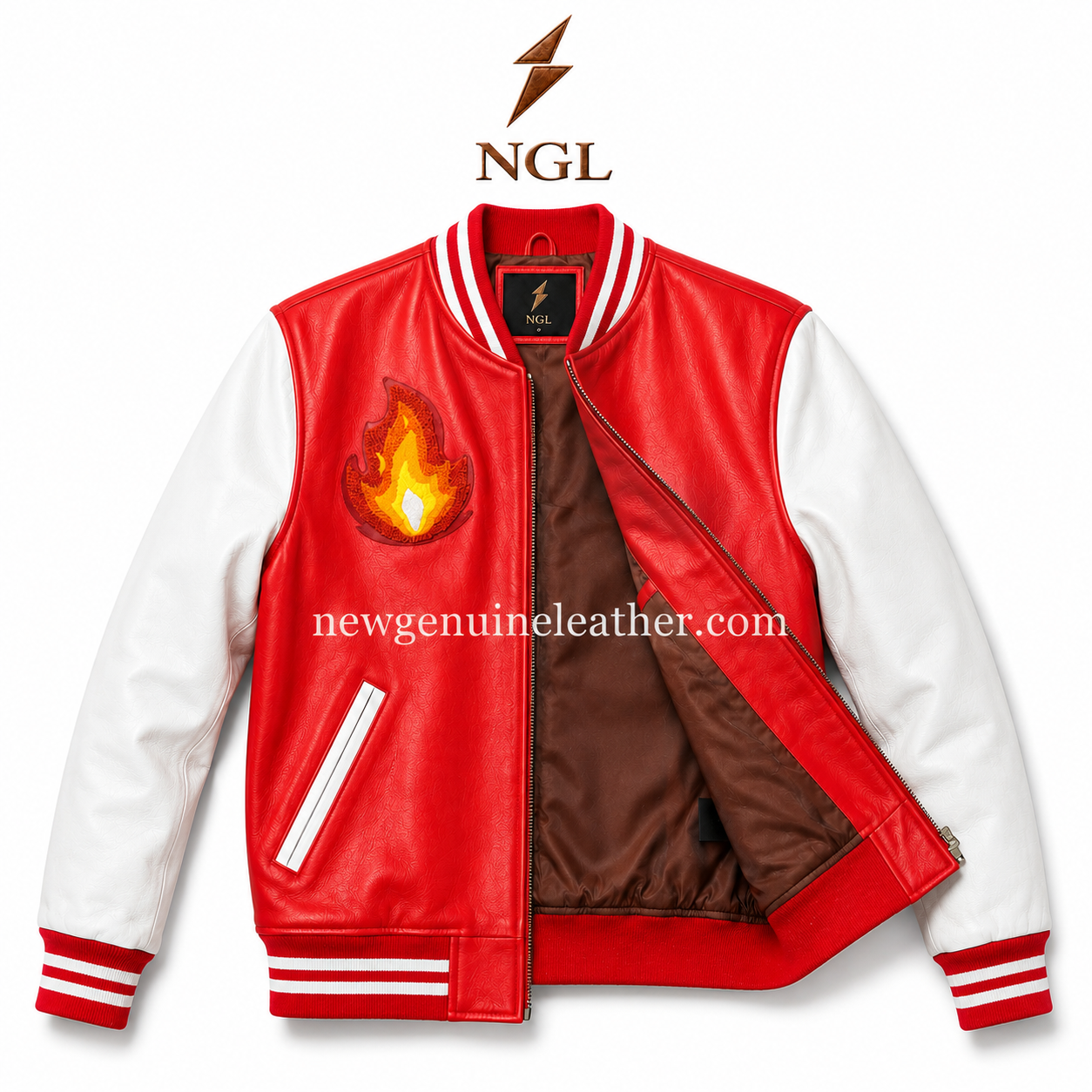 Red Leather Varsity Jacket with White Sleeves Front view of flame patch varsity leather jacket with red leather body, white sleeves, slanted pocket trims, zipper closure, and inner NGL