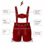 Red lederhosen shorts with suspenders shown with matching chest strap, decorative front bib, white embroidery, side laces, and clean studio