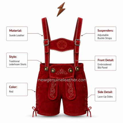 Red lederhosen shorts with suspenders shown with matching chest strap, decorative front bib, white embroidery, side laces, and clean studio