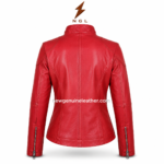 Red moto jacket inner view with open front zipper, red satin-style lining, stand collar and shaped women’s fit.