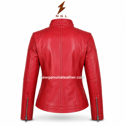 Red moto jacket inner view with open front zipper, red satin-style lining, stand collar and shaped women’s fit.