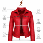 Red moto jacket front view with stand collar, full front zipper, two chest zip pockets, side zip pockets and NGL logo above.