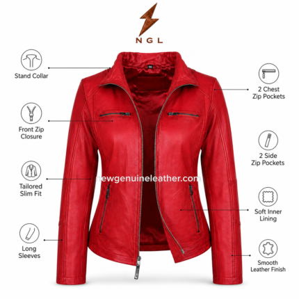 Red moto jacket front view with stand collar, full front zipper, two chest zip pockets, side zip pockets and NGL logo above.