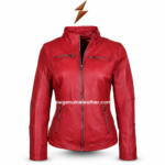 Red moto jacket back view with shaped stitched panels, stand collar, sleeve zipper cuffs and centered