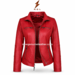 Red moto jacket specs image with stand collar, front zipper closure, two chest zip pockets and two