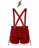 Red lederhosen shorts with suspenders featuring adjustable metal buckles, embroidered front panel, brass-style buttons, and premium suede-style finish